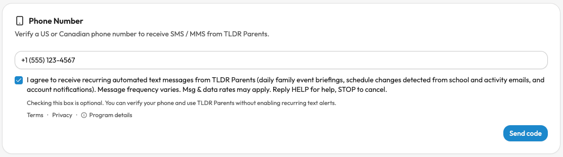 TLDR Parents phone verification screen with a valid phone number entered, the SMS consent checkbox checked, and the Send code button active.