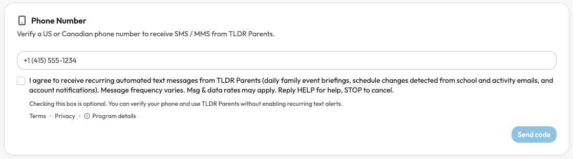 TLDR Parents phone verification screen showing the phone number field, unchecked SMS consent checkbox with the consent language, the optionality note beneath the checkbox, and the Send code button.